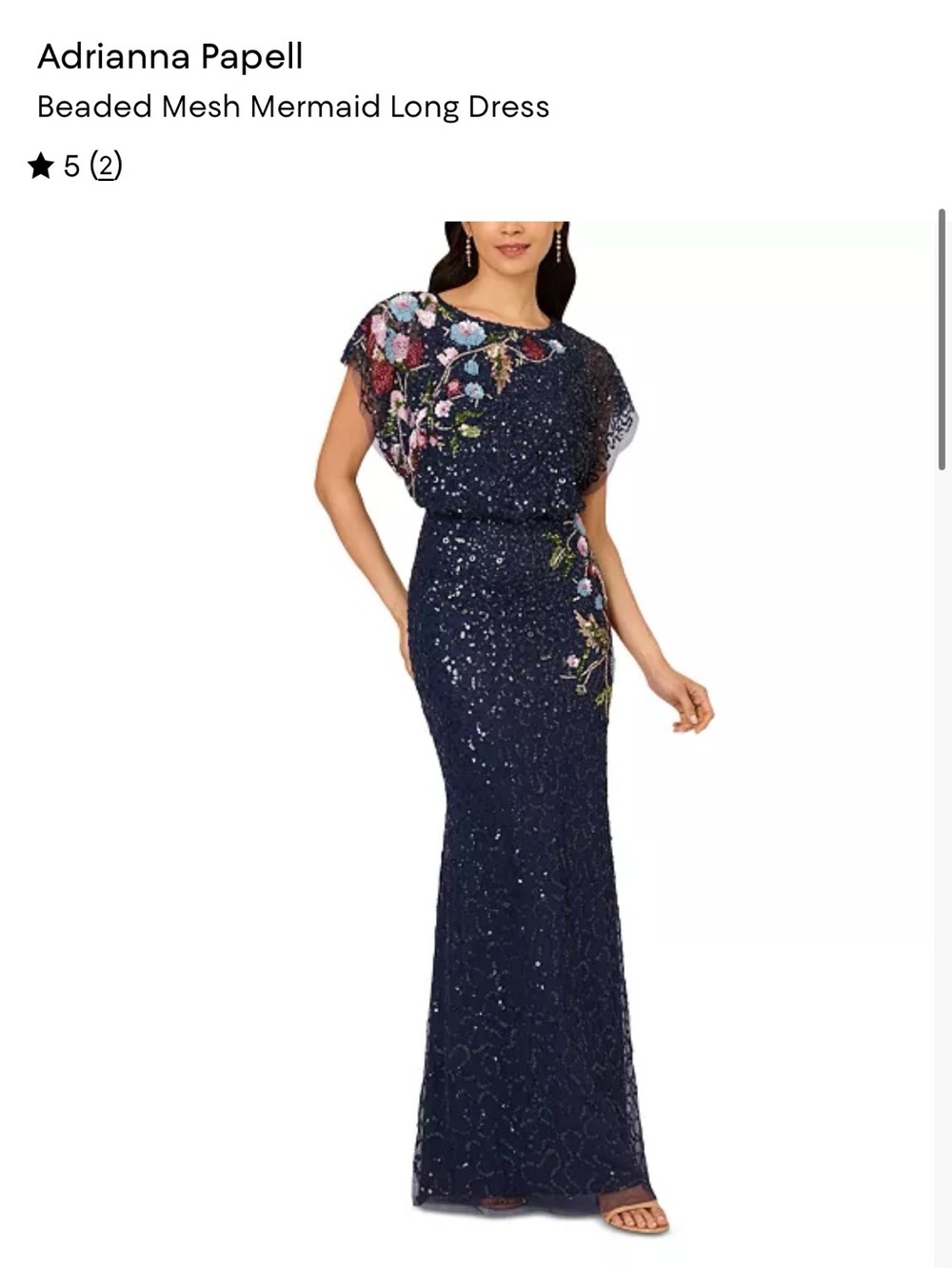 Adrianna Papell Navy Beaded Mesh Mermaid Long Dress with Floral Accents